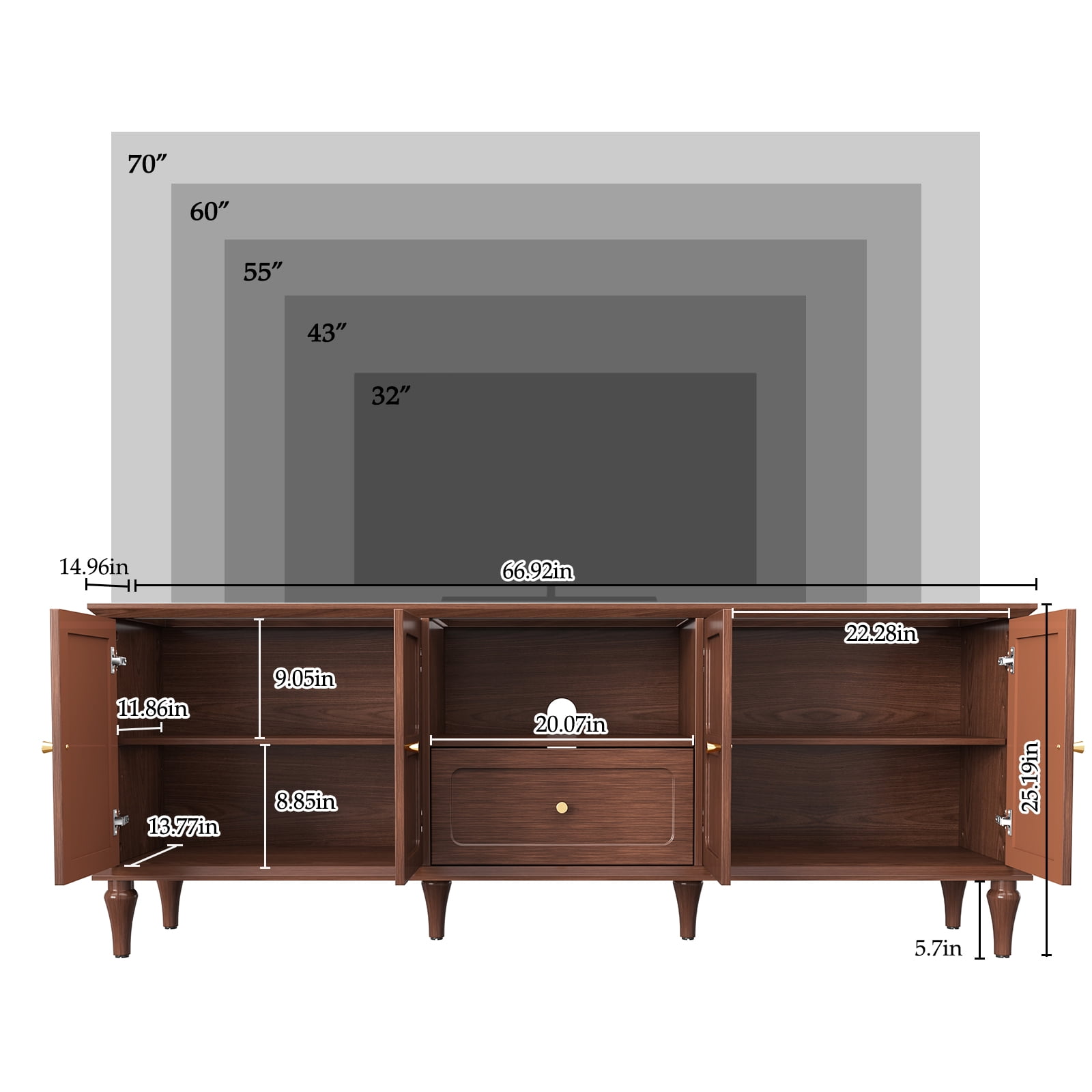 HLR Mid Century 67" TV Stand, for TVs up to 75", Living Room Entertainment Center with 4 Door Storage Cabinet, Brown