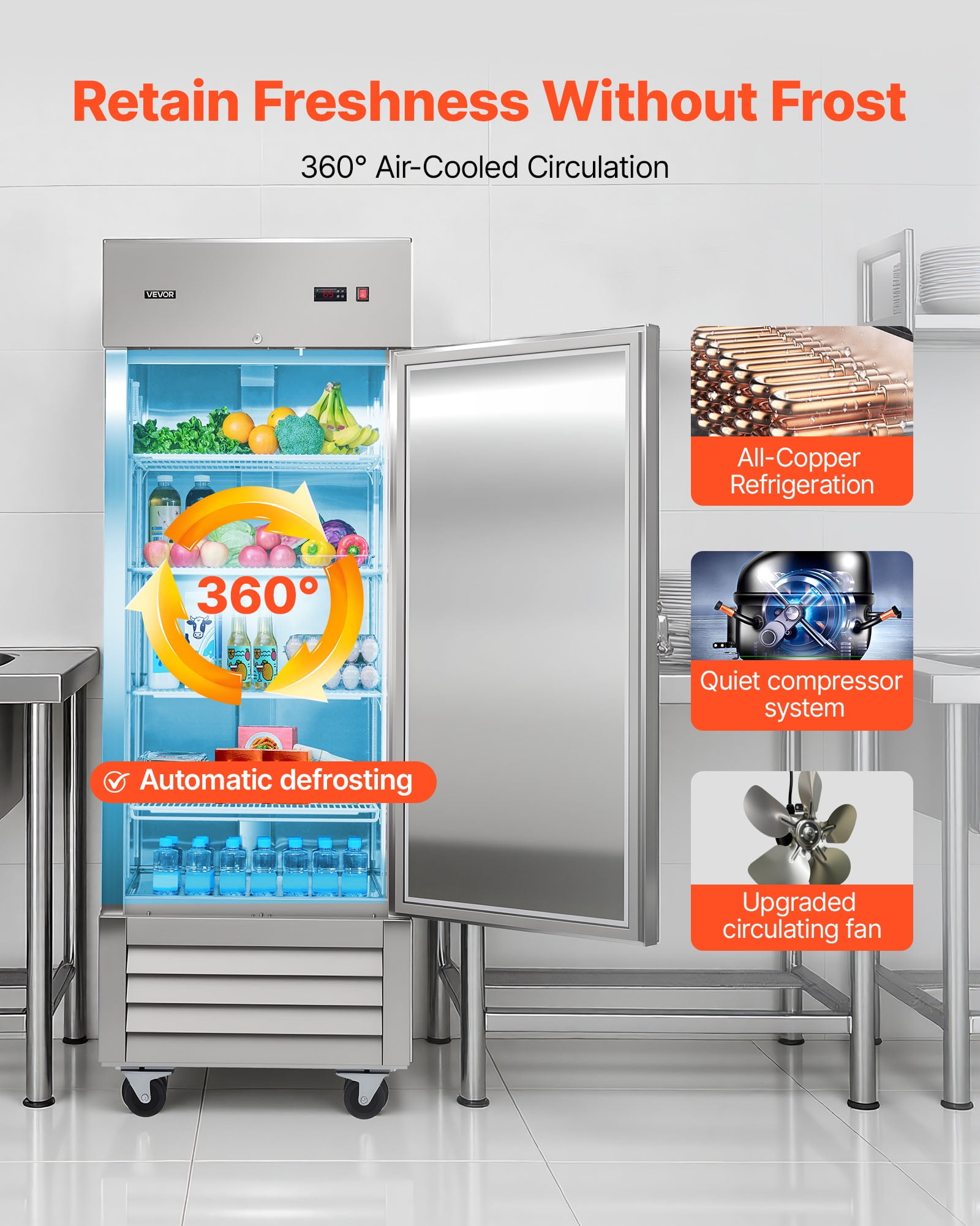 VEVOR Commercial Reach-In Refrigerator 29" W, 22 Cu.Ft Stainless Steel Upright Refrigerator with Single Door, Auto-Defrost, 4 Adjustable Shelves, 32 to 50℉ Temperature Control, ETL Certified