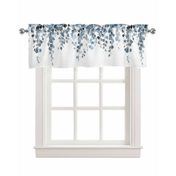 Blue Eucalyptus Leaves Kitchen Valances for Windows Farmhouse Linen Window Valance Curtain for Living Room Window Treatment Watercolor Summer Botanical Valance Rod Pocket Topper Drape, 42 x 12 Inch