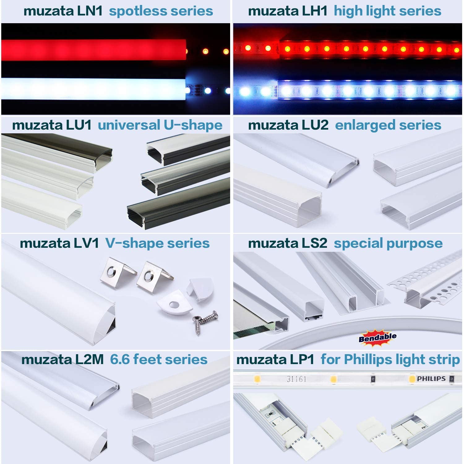 Muzata 10-Pack 3.3ft/1M Milky Plastic Cover and 6-Pack U1SW U Shape LED Aluminum Channel System 
