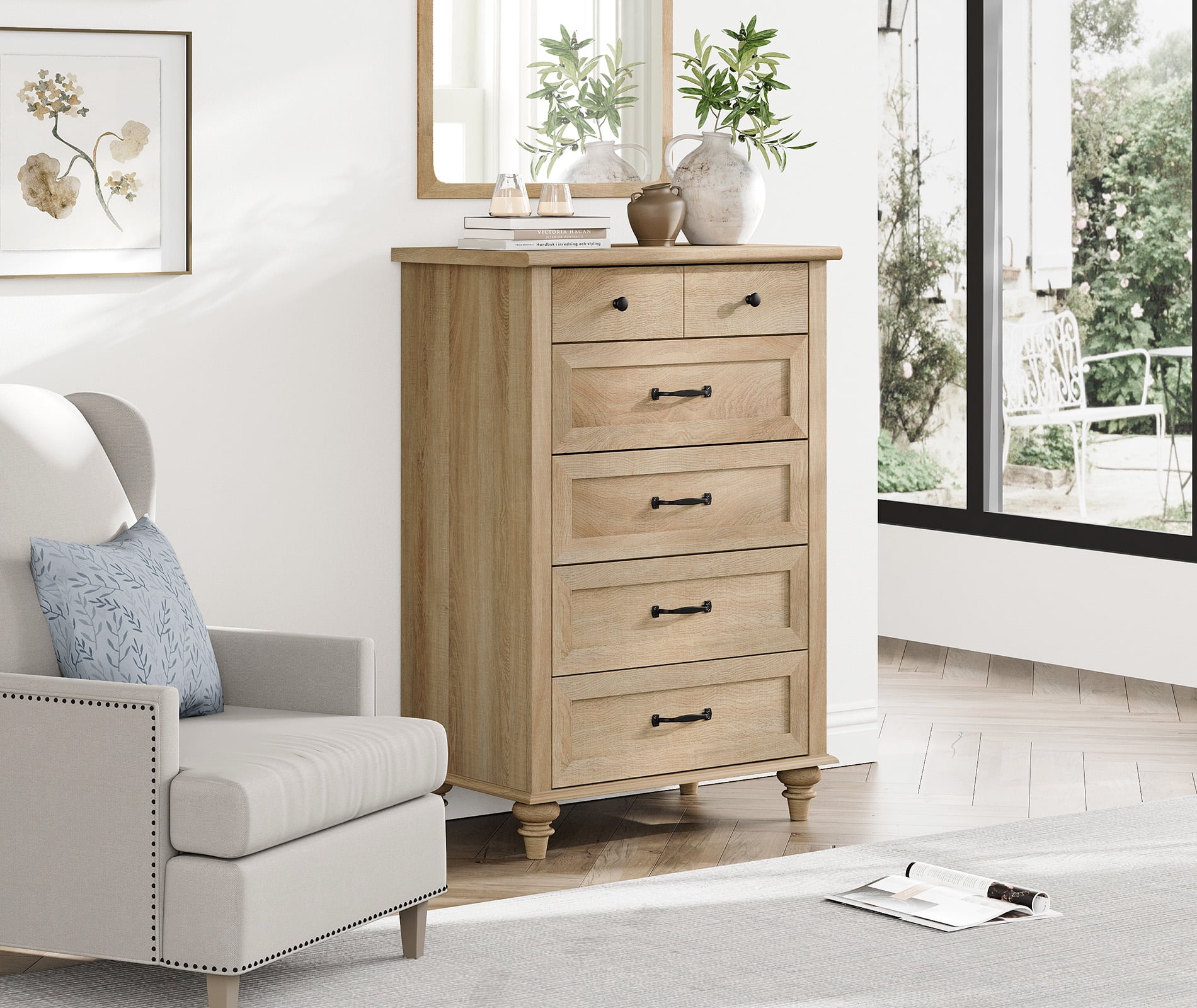 Oak Farmhouse Dresser - 5-Drawer Wooden Chest of Drawers for Bedroom Living Room