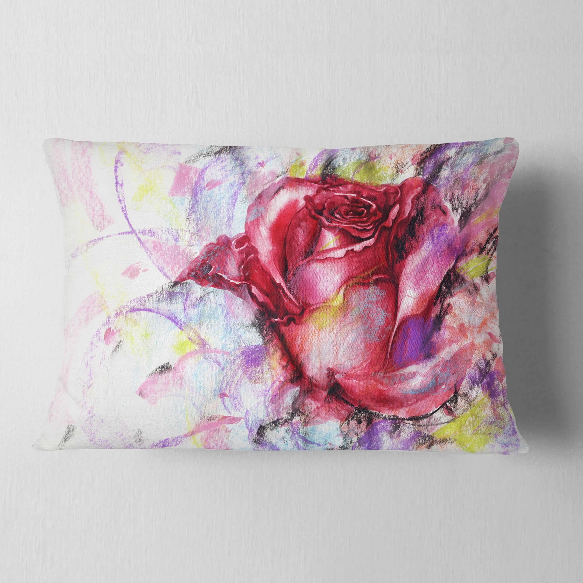 Designart Red Rose Illustration - Floral Throw Pillow - 12x20