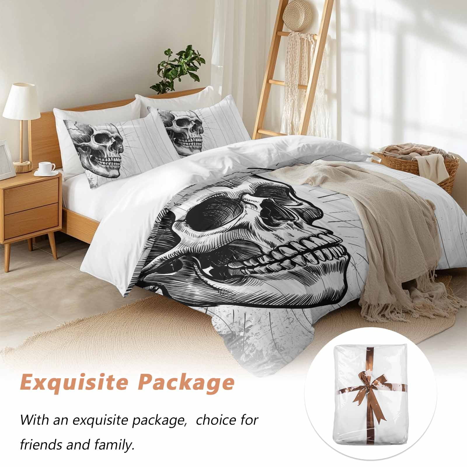 Horror Skull Bedding 3 Piece Duvet Cover Set California King, Black Skeleton Spooky Halloween Soft Microfiber Comforter Cover with Zipper Closure & Pillowcases, Wrinkle & FadeResistant Quilt Cover