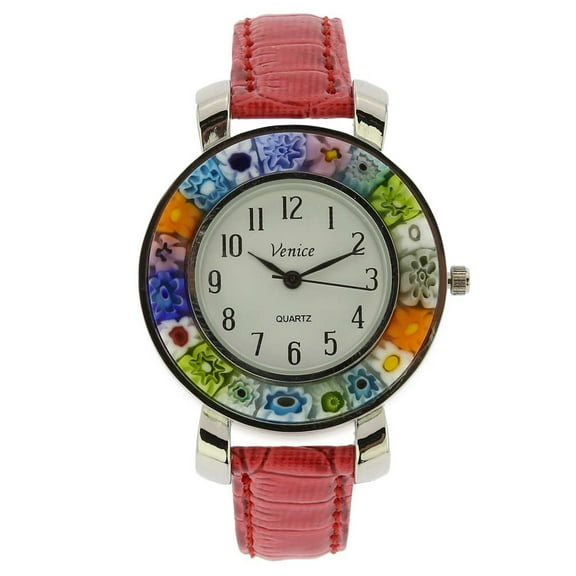 GlassOfVenice Serena Murano Millefiori Watch With Leather Band - Red