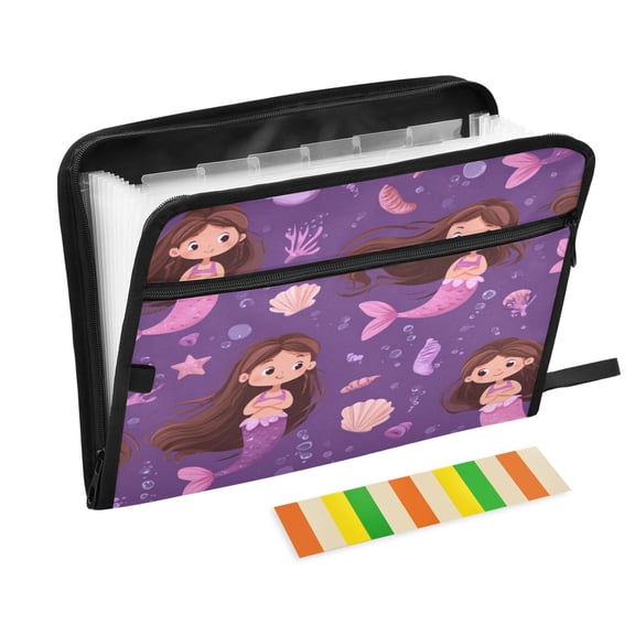 Accordion File Organizer with Zip Closure 13 Pockets Expanding File Folder Letter A4 Paper Document Organizer for Home Office Cute Pink Mermaids