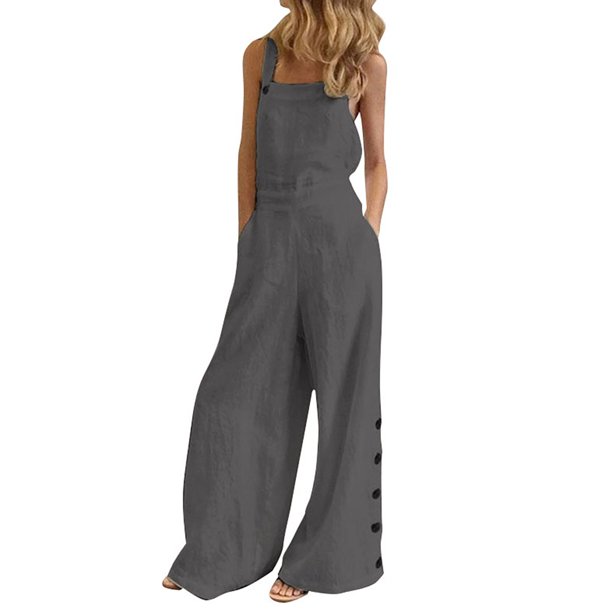 Moda mujer color sólido mono sin mangas bolsillo con cremallera botón suelto Casual mono mono Abanopi Gris/Grande