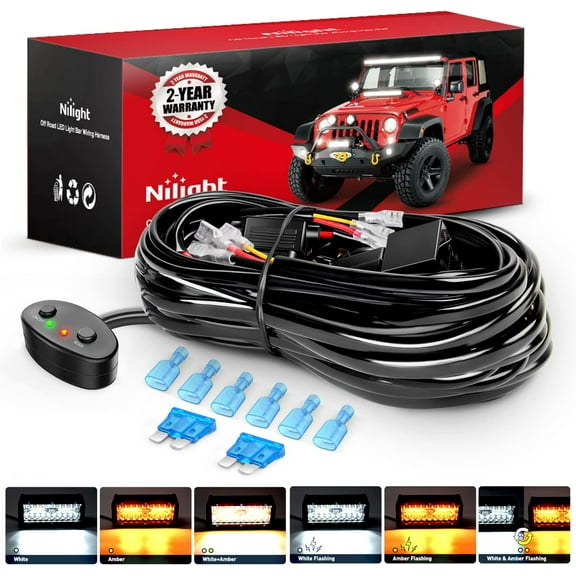 Nilight 16AWG Wiring Harness Kit 2 Leads Specially Customized for 6 Modes Amber White Strobe Light Bar Off Road LED Work Light 12V On Off Switch Remember and Reset Function, 2 Years Warranty, Black