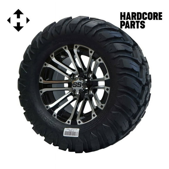 Hardcore Parts 12" Black 'LANCER' Golf Cart Wheels and 22″x11″-12″ DOT rated Mud-Terrain/All-Terrain tires - Set of 4, includes Black ‘SS’ center caps and 1/2x20 Black lug nuts