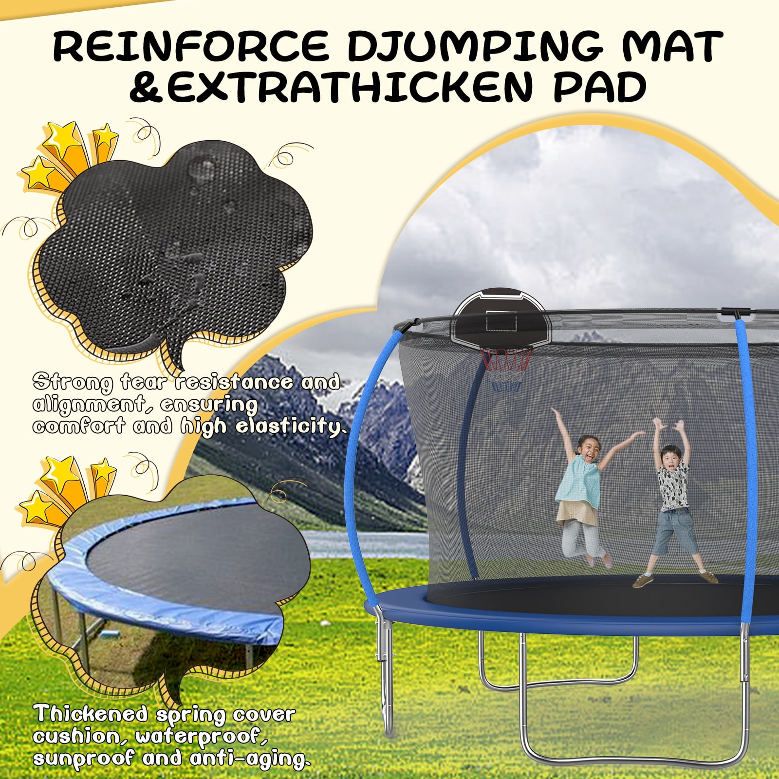 14FT Outdoor Trampoline with Basketball Hoop and Ladder for Kids and Adults，Heavy Duty Recreational Pumpkin Trampoline with Safety Enclosure,Anti-Rust Frame,Backyard Trampoline for Gift