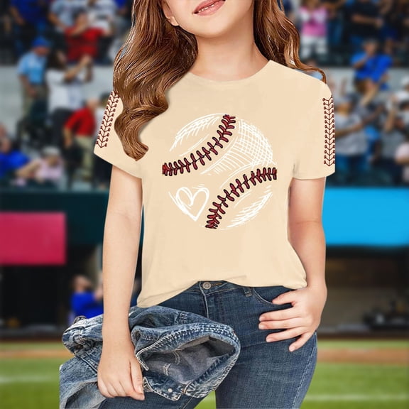 Kids Baseball Heart Print Short Sleeve T-Shirt Cotton Crew Neck Summer Breathable top for Boys Girls Daily Casual Wear Beige 100