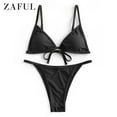 thumbnail image 3 of ZAFUL Women Swimwear Tie Ribbed String Bikini Swimsuit Black S, 3 of 7