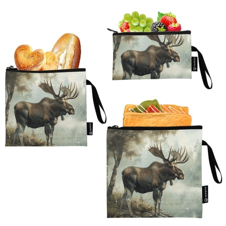 Haosy 3 Pack Reusable Ziploc Bags BPA Free Healthy Food Storage Bag Leakproof Sandwich Snack Freezer Bags Moose on Misty Lake