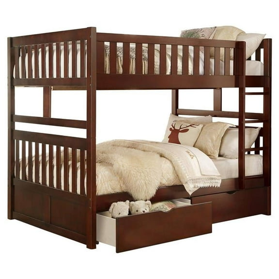 Pemberly Row Transitional Wood Full over Full Bunk Bed with Boxes in Dark Cherry