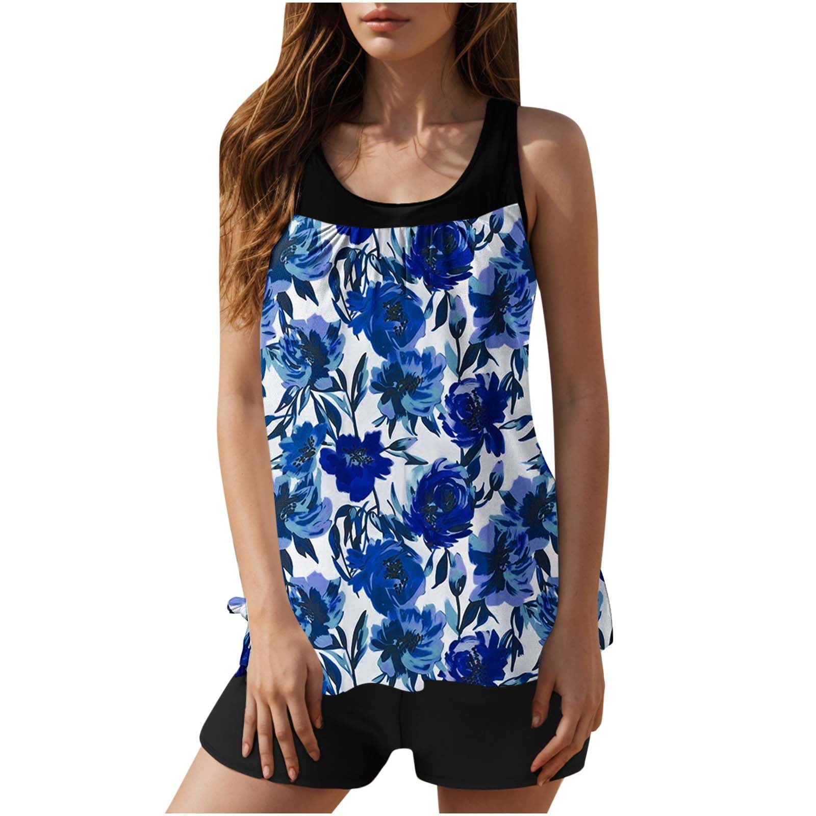 Jsaierl 2 Piece Tankini Bathing Suits for Women Blouson Swim Tops Summer Print Swimwear Loose Fit Cute Tankini Tops with Swim Shorts Tankini Swimsuits Plus Size