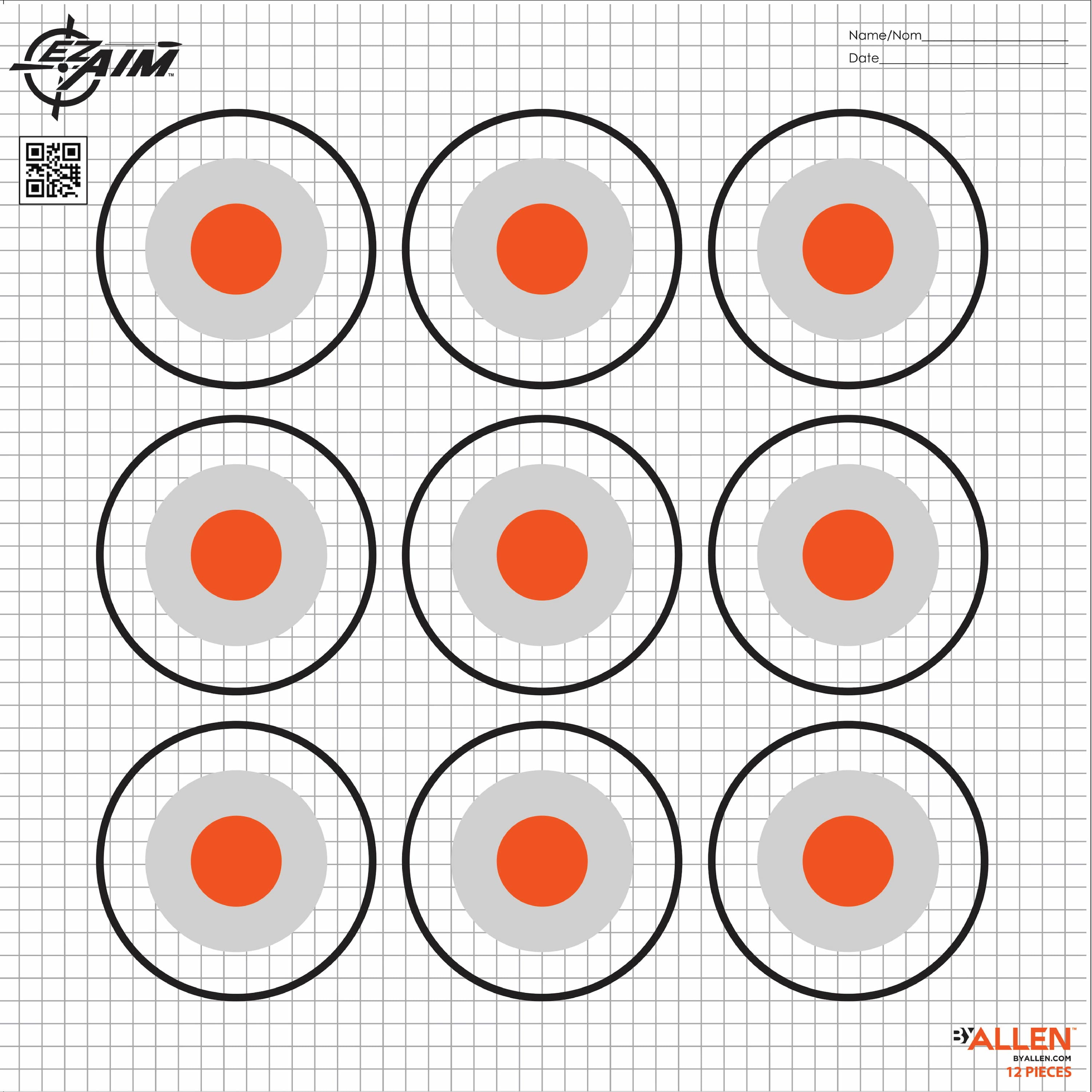 EZ Aim Paper 9-Spot Bullseye Targets, 12" Square, 12-Pack, .39lb, Black
