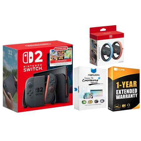 Nintendo Switch 2 Choose Your Game with Joy Con Wheels, MightySkins Code and 1 Year Warranty Bundle