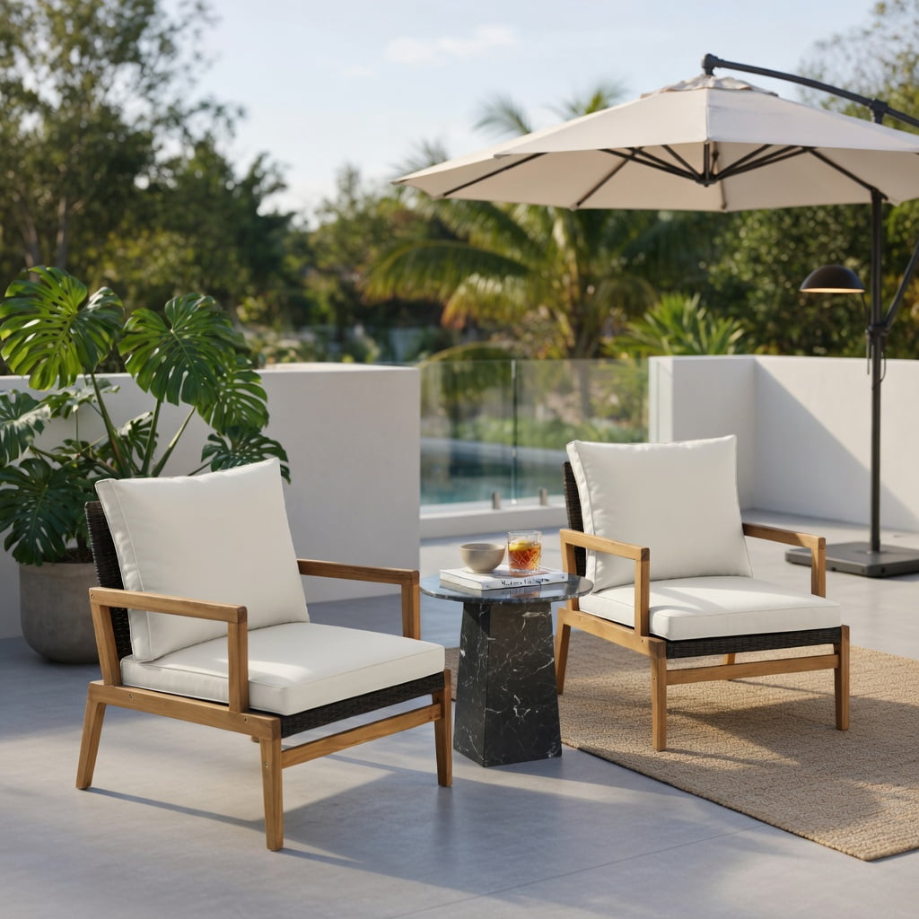Hommoo 3-Piece Outdoor Patio Furniture Set, 2 Cushioned Rattan Chairs + Tempered Glass Side Table, PE Rattan & Polyester Cushions, Acacia Wood & Metal Frame, Brown