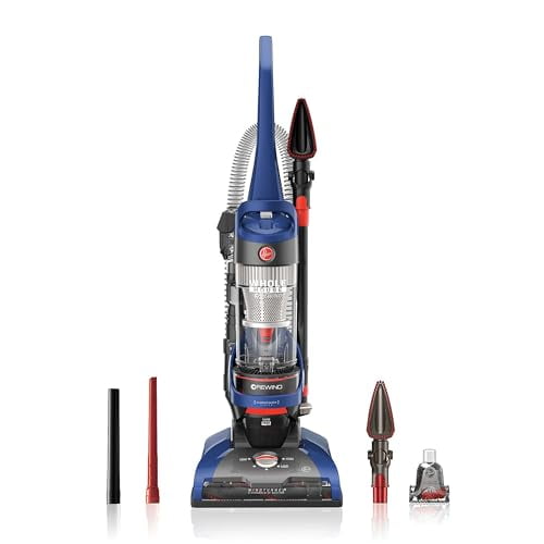 Aspiradora vertical con cable Hoover WindTunnel 2, sin bolsa y con rebobinado para toda la casa, con filtración HEPA, bloquea alérgenos y absorbe olores, ideal para uso doméstico.