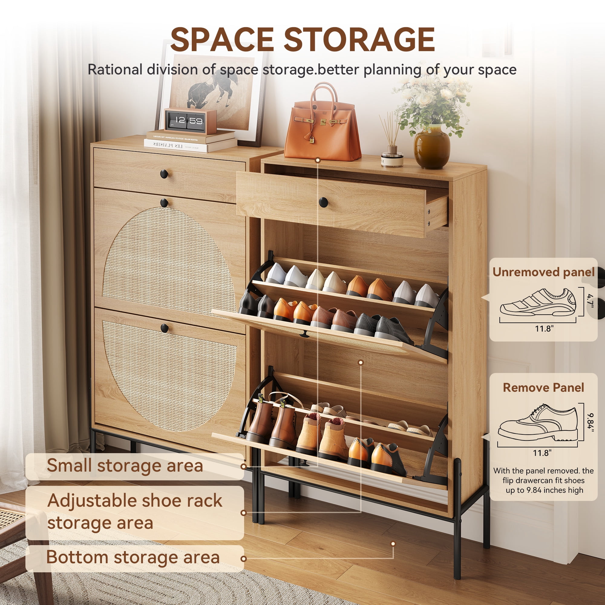 Freestanding 2-Door Shoe Storage Cabinet with Rattan Fronts & Drawer, Wood