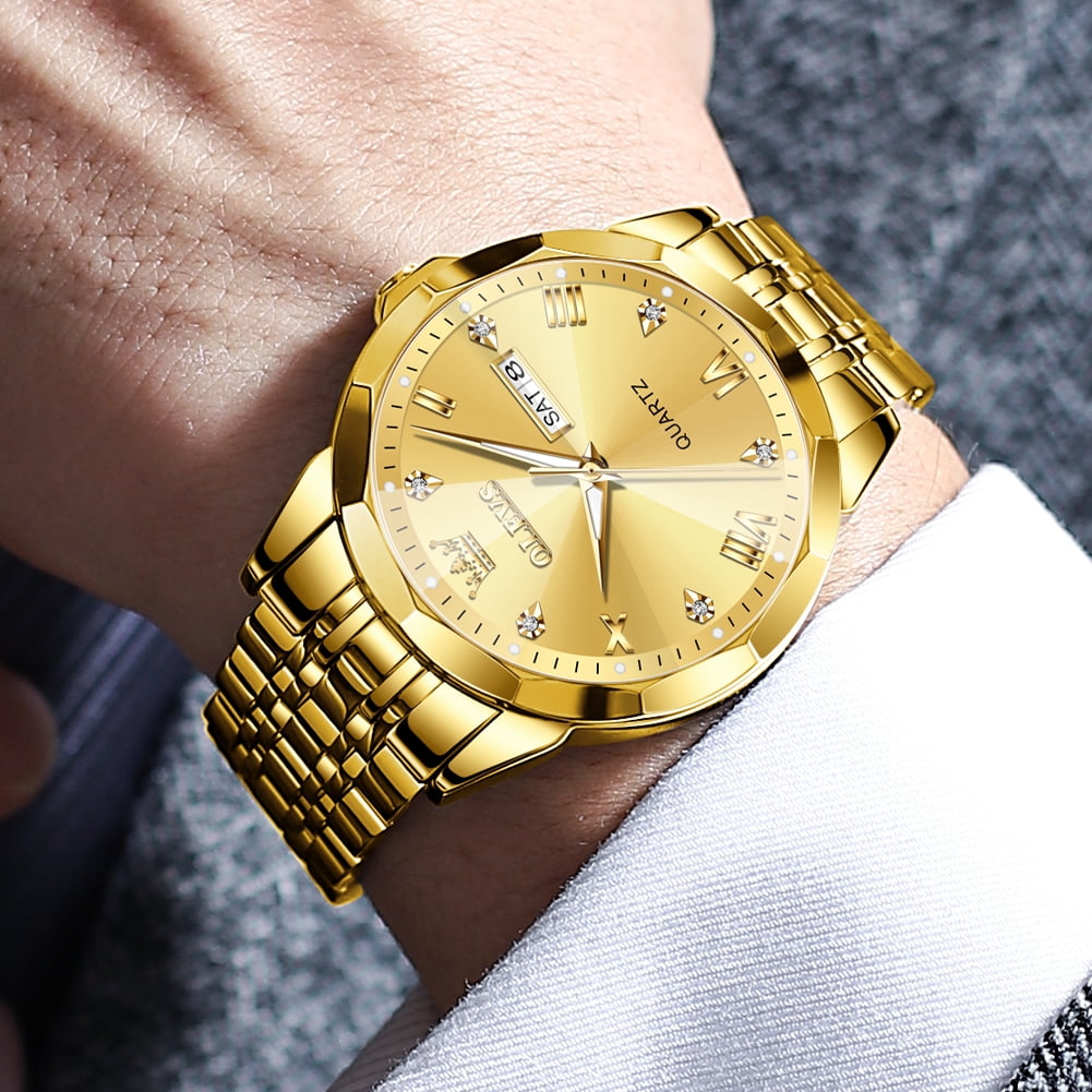 OLEVS Watch for Men Diamond Business Dress Analog Quartz Stainless Steel Waterproof Luminous Date Luxury Casual Wrist Watch Gold Dial