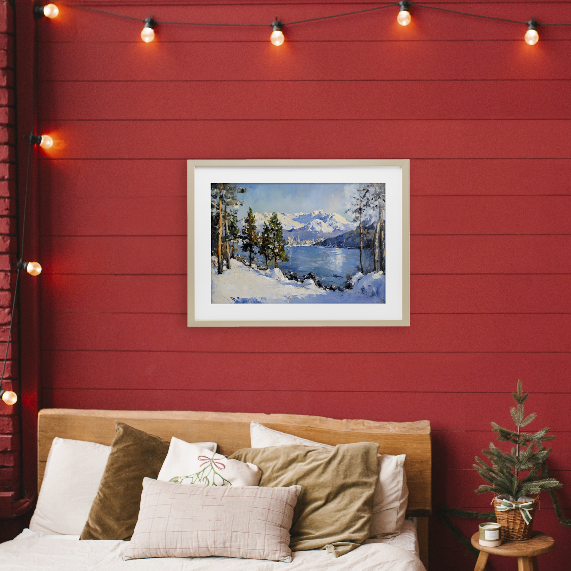 Winter Mountain Lake Birch Framed Print Under Glass, design by Petal Prints Design