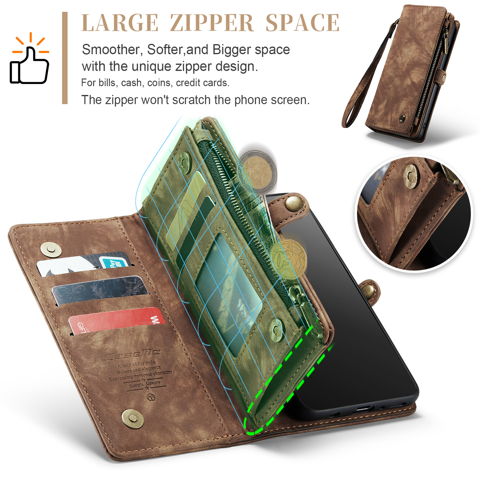 For Samsung Galaxy S10 Wallet Case,Multi-Functional Retro Leather Purse Flip Cover Zipper Wallet Case with Removable Card Slots Pocket & Detachable Wrist Strap Magnetic Phone Case, Darkbrown