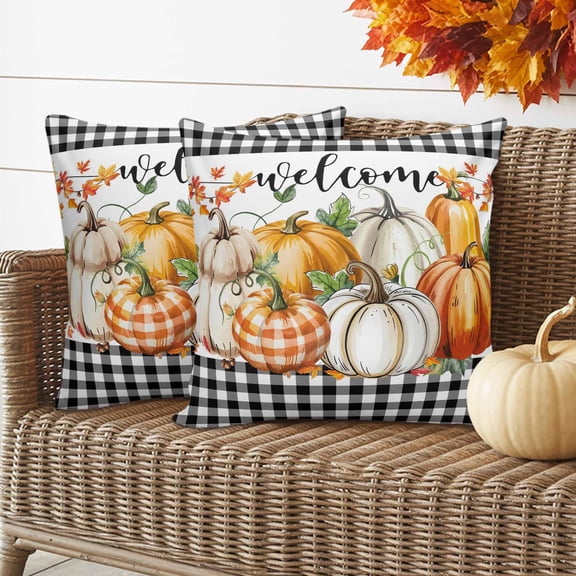 Outdoor Waterproof Pillow Covers Welcome Words Autumn Pumpkin Decorative Throw Pillow Protectors for Patio Sofa Garden Couch,18x18in 2 Pack