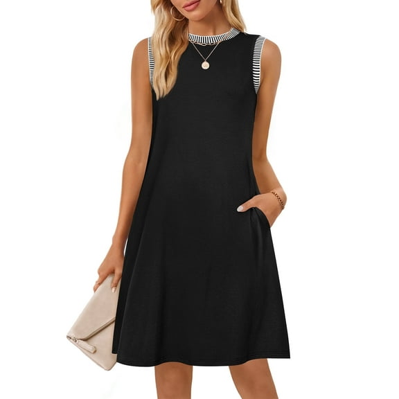 YOGAFOX Women's Summer Casual Beach Vacation Sleeveless Crewneck Mini Dresses(Black,L)