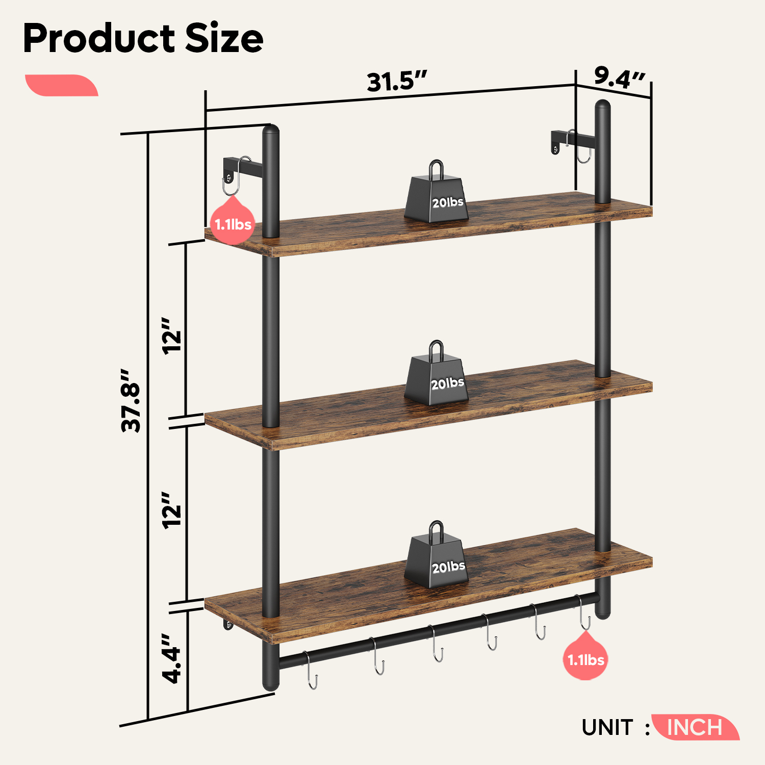 Bestier 3-Tier Industrial Ladder Shelf, 31 Inches, Rustic Brown photo 7