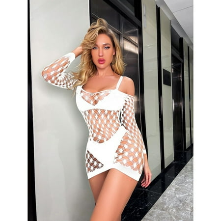 Generic Sexy Lingerie Sexy Fishnet Clothes Long Sleeve Transparent Cutout Dot Jacquard Stockings Tight Jumpsuit Hip Skirt