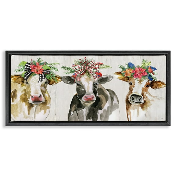 Stupell Industries Three Cows Seasonal Floral Crowns Animals & Insects Painting Black Floater Framed Canvas Art Print Wall Art, 25 x 11