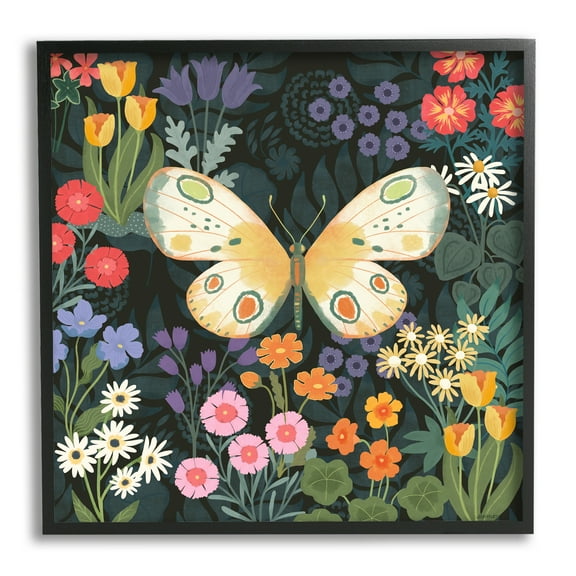 Stupell Industries Garden Pattern & Butterfly Botanical & Floral Painting Black Framed Art Print Wall Art, 12 x 12