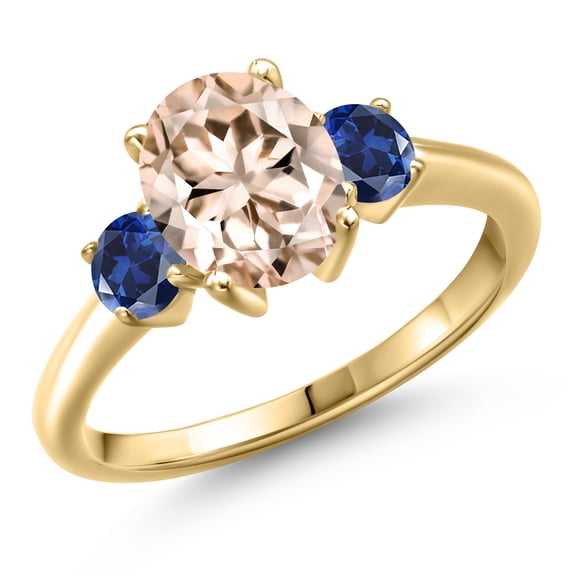 Gem Stone King 10K Yellow Gold Peach Morganite and Blue Created Sapphire Engagement Ring for Women | 2.10 Cttw | Oval 9X7MM | Gemstone October Birthstone | Size 5