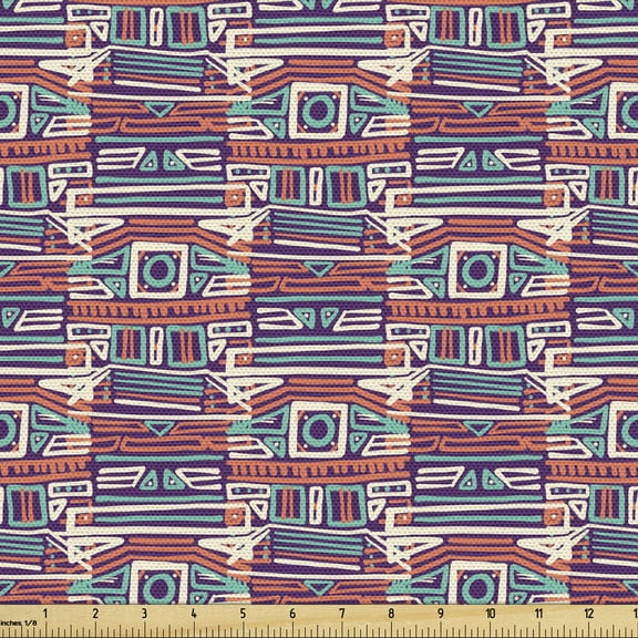 Ambesonne African Fabric by the Yard Upholstery, Native Funky Boho Motifs, 5 Yards, Purple Aqua and Burnt Sienna