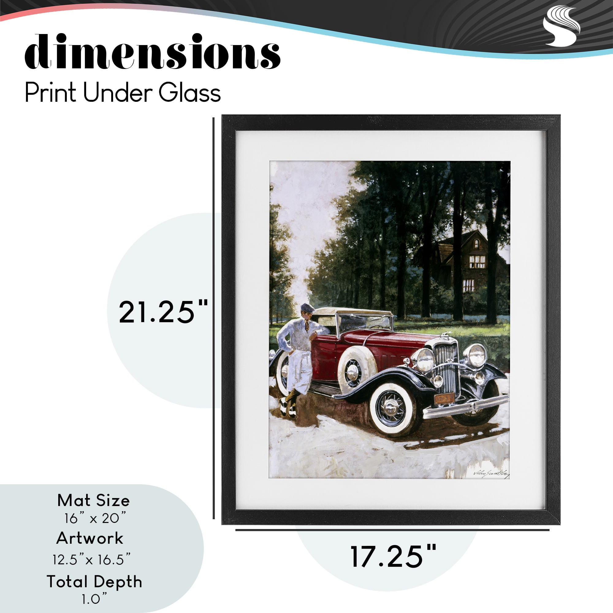Retro Convertible Coupe & Driver Black Framed Print Under Glass, design by Wind River Studios