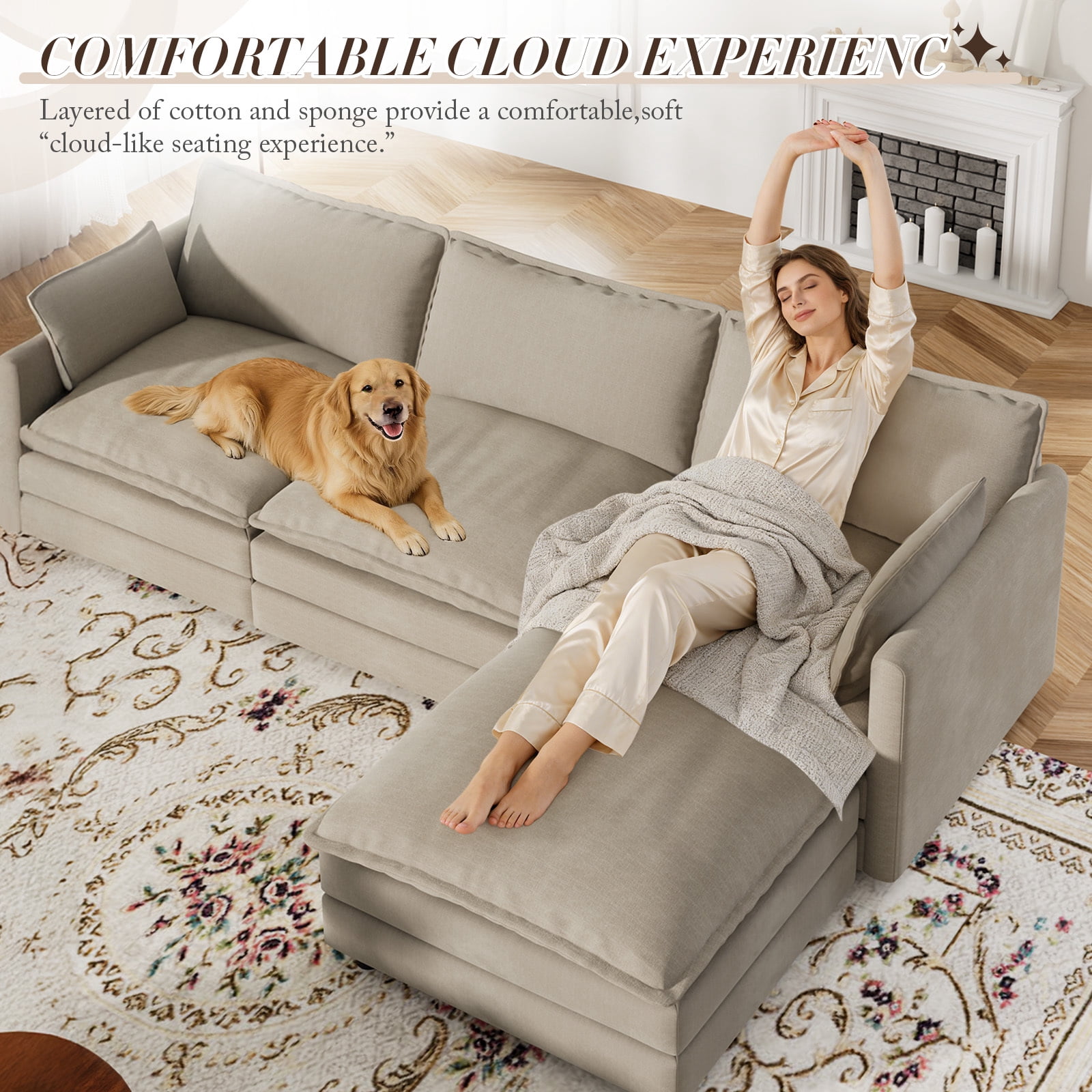 Muumblus 110" Oversized Modular Sectional Sofa with 2 Movable Ottoman, U Shaped Deep Seat Cloud Couch for Living Room, Camel Chenille
