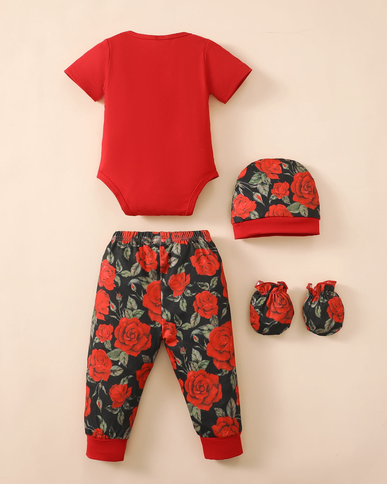 KIMI BEAR Newborn Baby Girls Summer Outfits 0-3 Months 4-Pack Layette Set Short Sleeves Romper Top Strawberry Watermelon Floral Pants Set Hat Gloves 16Pcs Pink