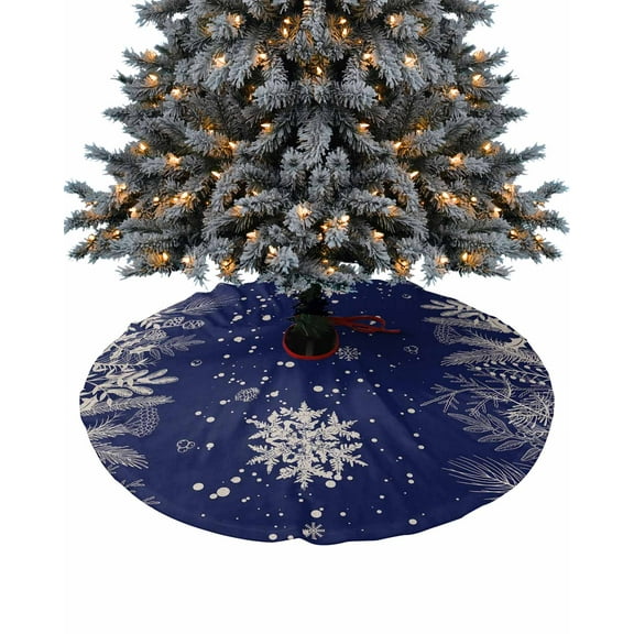Christmas Snowflake Christmas Tree Skirt 36 Inches Large Christmas Skirt Tree, Navy Blue Winter Snowflake Botanical Tree Skirt Christmas Decorations for Fireplace Party Holidays Indoor Outdoor