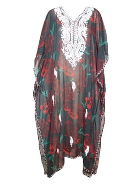 Mogul Women Sheer Maxi Caftan Batwing Sleeve Floral Print Maternity Loose Dress 4X