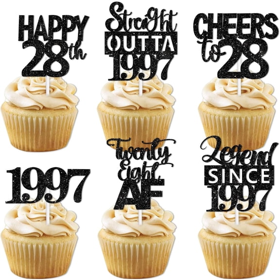 10pcs Black Glitter Dessert Cupcake Pick for Straight Outta 1997 Legend Since 1997 Theme Decor Supplies Men Happy 28th Birthday Party Decoration
