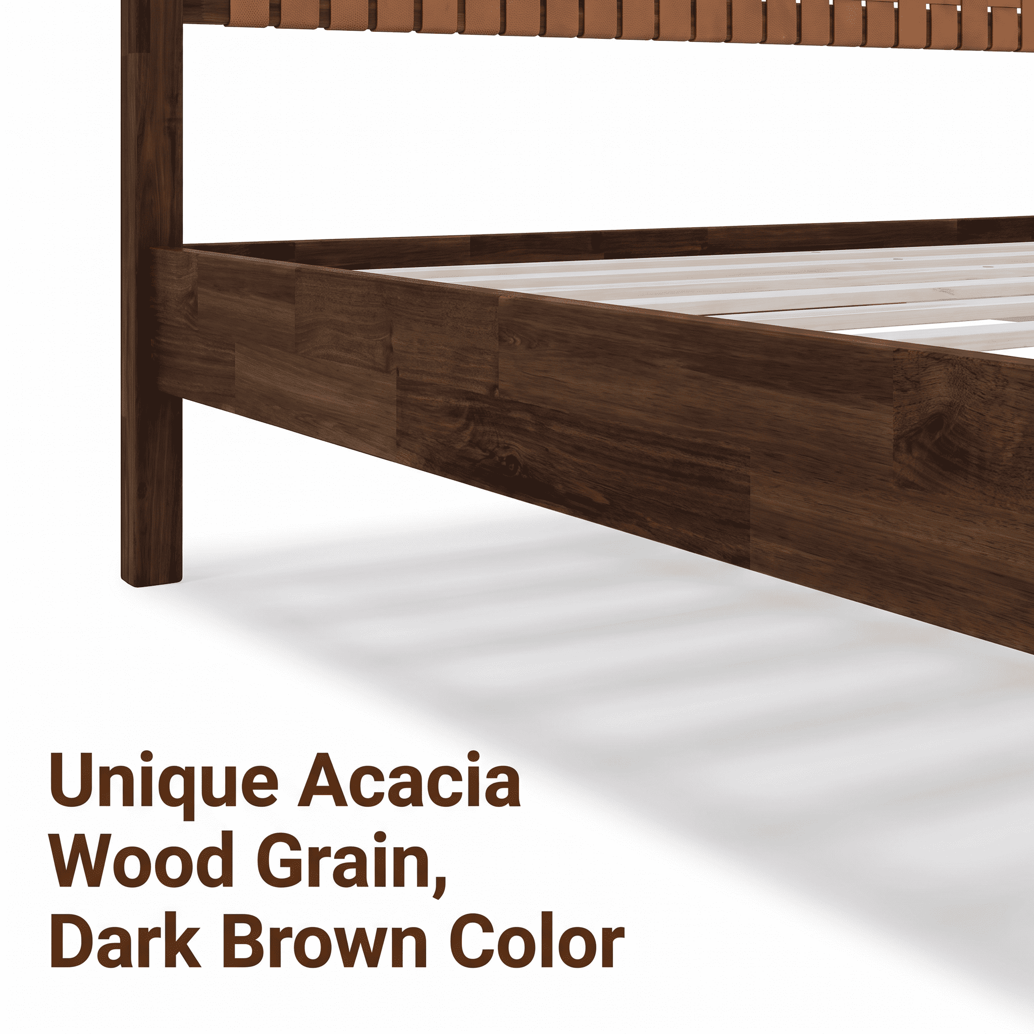 Euroco Solid Acacia Wood Queen Size Platform Bed, Mid-Century Modern Style Bed with Hand-Woven Vegan Leather Headboard, No Box Spring Needed, Dark Brown