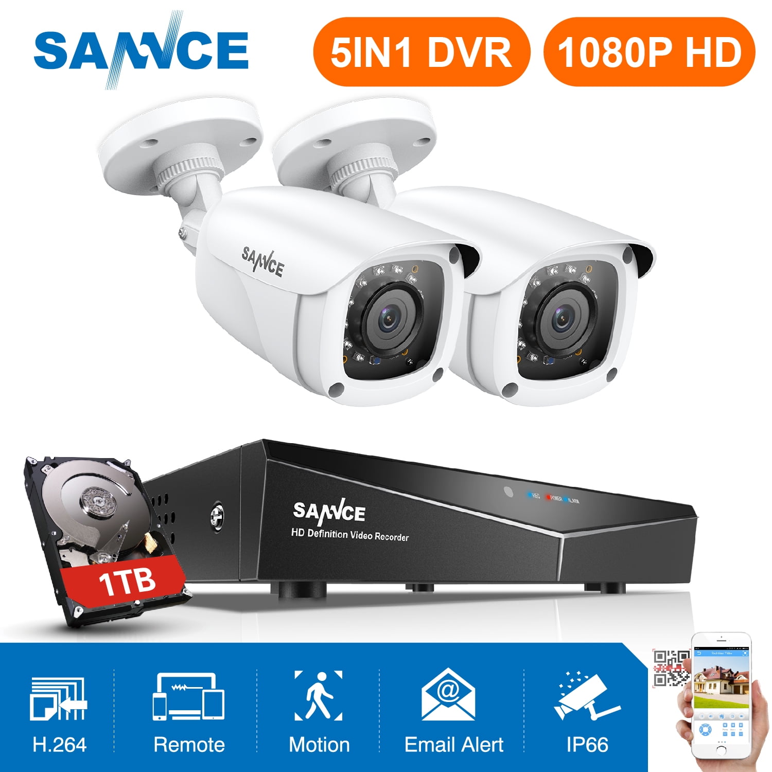 SANNCE 4CH 1080P 5in1 DVR Security Cameras Home Video 2Pcs 2.0MP Night