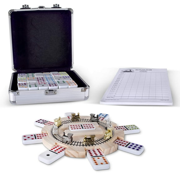 Rnk Gaming Mexican Train Dominoes Set Double 12 Color Dots With Wooden Hub 8 Metal Trains And Aluminum Case