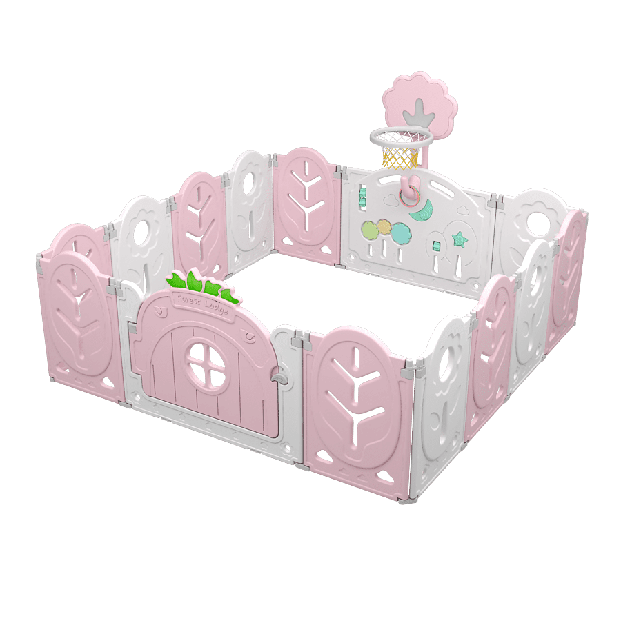 Foldable Baby Playpen 18 Panel Jolly Kids Playpen Non-Slip Rubber Bases Design for Toddler Infant Indoor Outdoor Use with Adjustable Basketball Hoop 