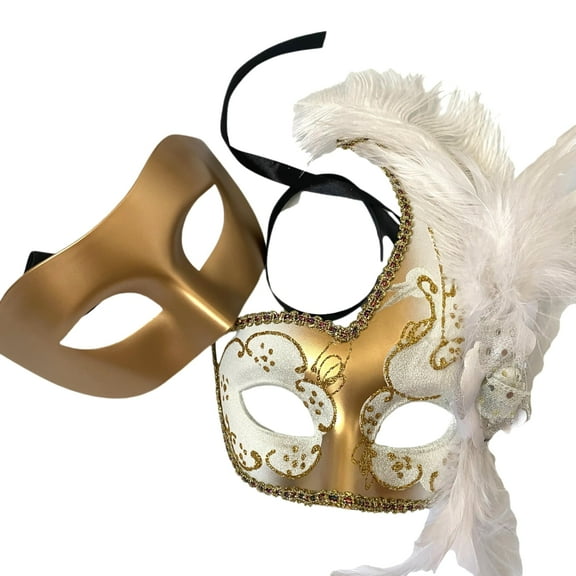 MasqStudio Couples Black Gold Masquerade Ball Mask Pair Feather Mardi Gras Party Valentines Gift for Her