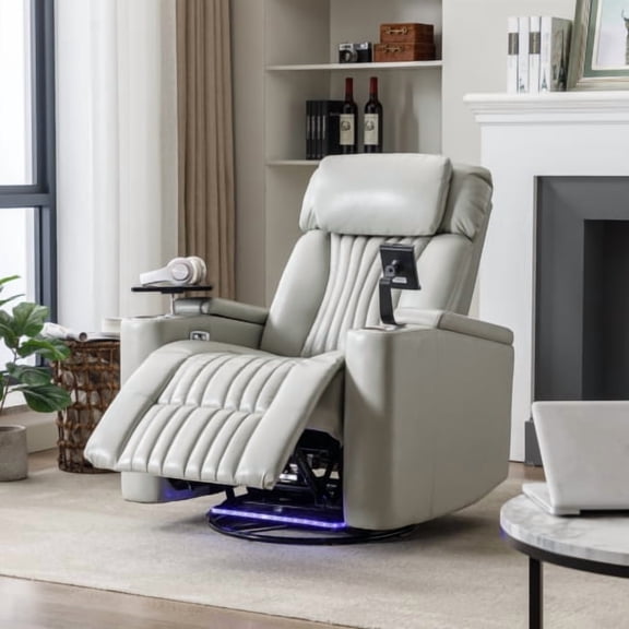 Power Swivel Recliner Chair, Home Theater Seating with LED Lights, 360° Swivel Tray Table, Cup Holders and USB Charging, Grey PU Leather Recliner