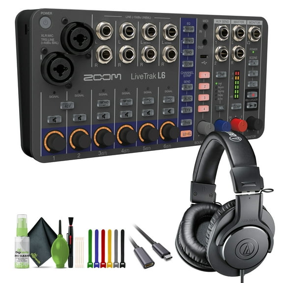 Zoom LiveTrak L-6 Portable 6-Channel Digital Mixer and Multitrack Recorder   Audio-Technica ATH-M20x Professional Studio Monitor Headphones, Black   Cleaning kit   USB C to Male USB C Cable