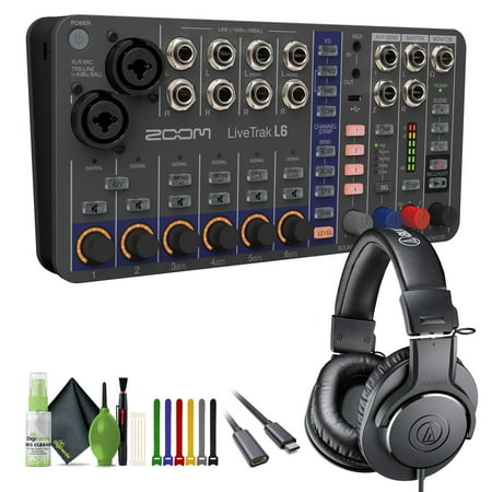 Zoom LiveTrak L-6 Portable 6-Channel Digital Mixer and Multitrack Recorder + Audio-Technica ATH-M20x Professional Studio Monitor Headphones Black + Cleaning kit + USB C to Male USB C Cable