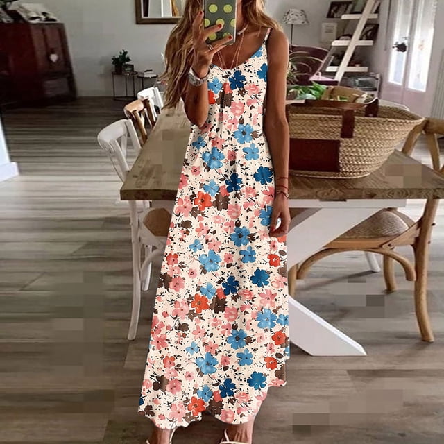 Ovzne Robes pour Femmes Robe Femmes Robes d'Été pour Femmes Imprimé Sans Manches Col Rond Robe Décontractée Longues Robes Grande Taille Robe Imprimée Liquidation