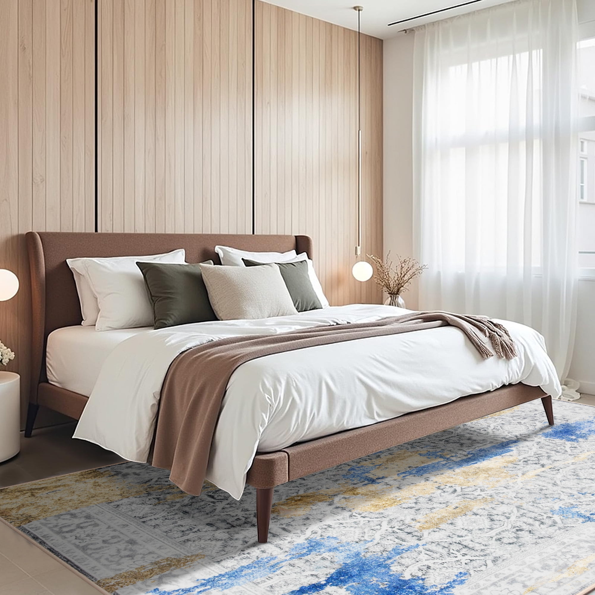 Wondo 6x9 Modern Abstract Area Rugs - Gold and Blue Low Pile Washable Carpet for Living Room, Bedroom, Nursery, Office, Kitchen - Non-Slip Stain Resistant Soft Rug for Indoor Use